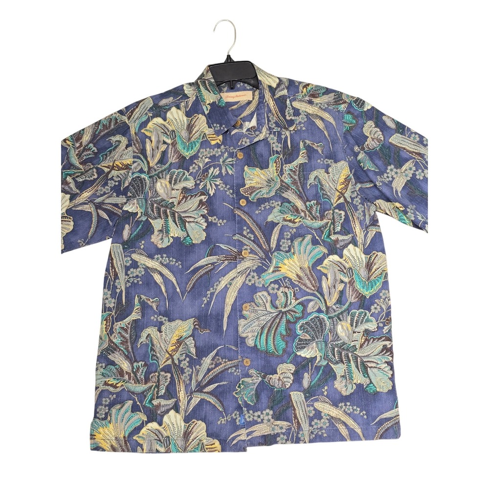 Tommy Bahama Mens Blue Floral Silk Button Down Camp Shirt Tropical Short Sleeve